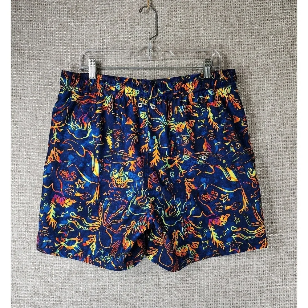 Lands End Elastic Waist Swim Shorts Mens L (36-38) Navy Sea Creatures Lined EUC